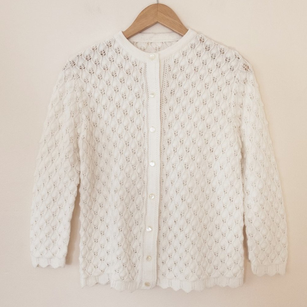Vintage Textured Knit Cream Cardigan Sweater